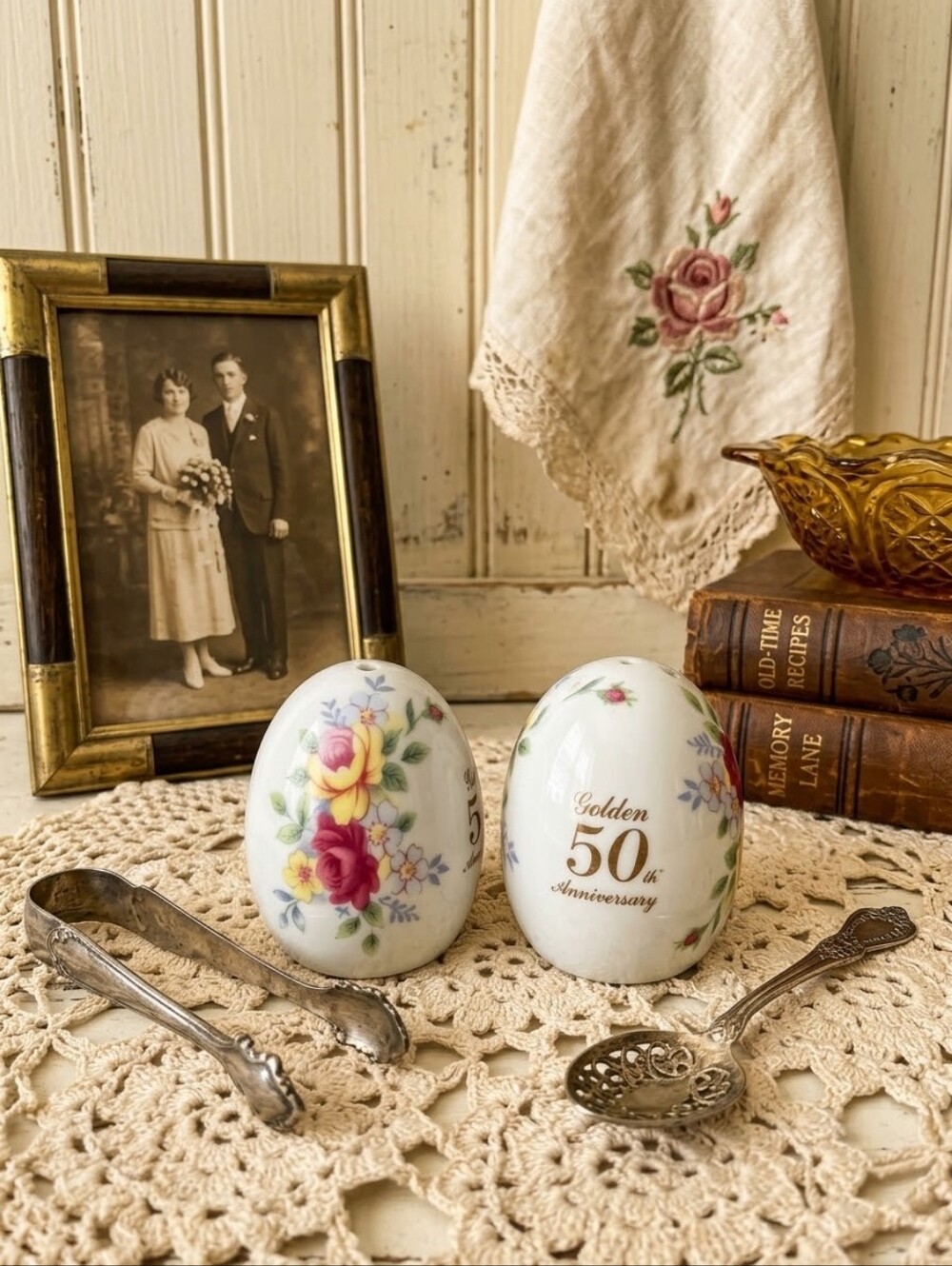 Vintage Golden 50th Anniversary Floral Egg Salt & Pepper Shakers